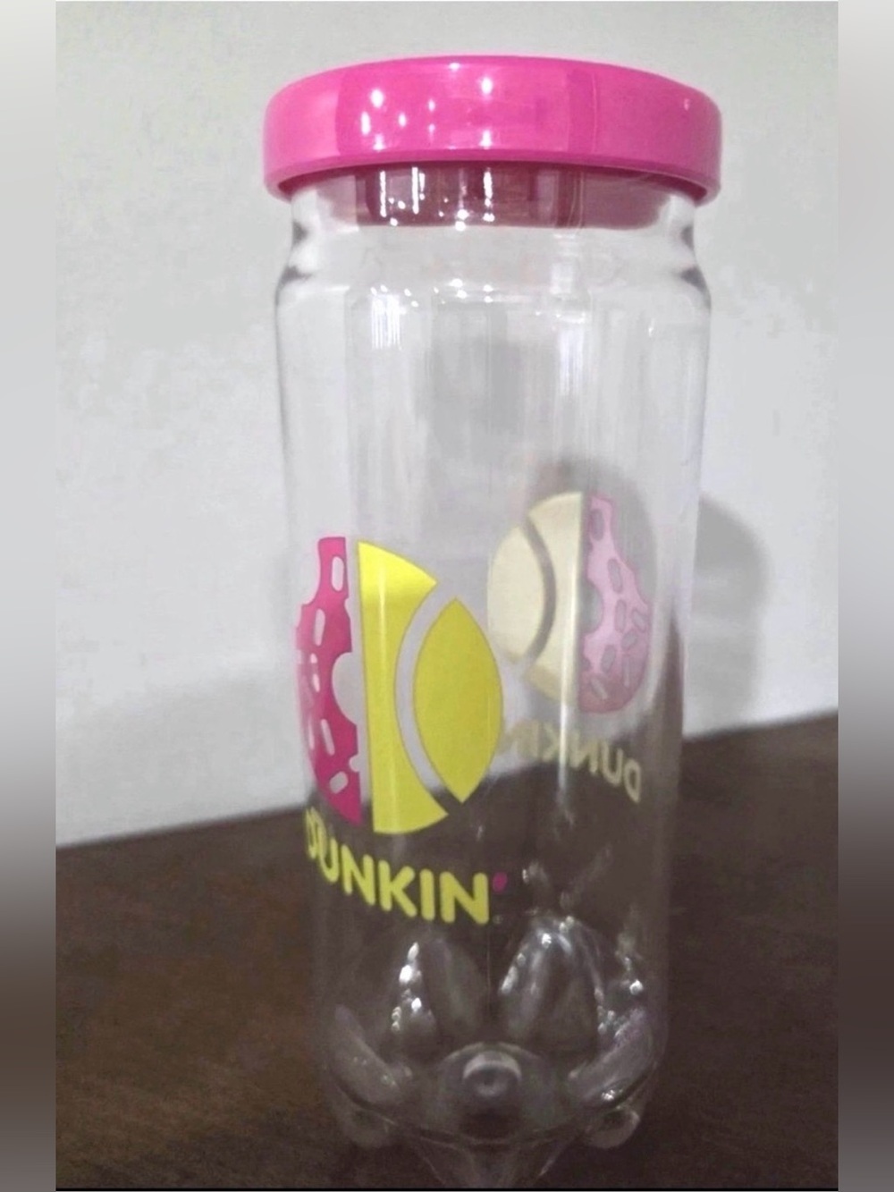 Dunkin Pink Lid Water Bottle - Clear Bottle with Pink and Yellow Logo